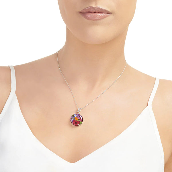 Sterling Silver Pendant - Mixed Flowers - Round