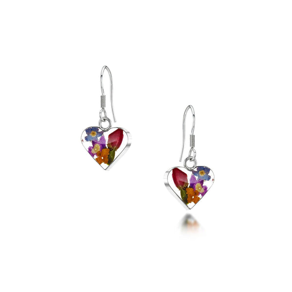 Sterling Silver Drop Earrings - Mixed Flowers - Heart