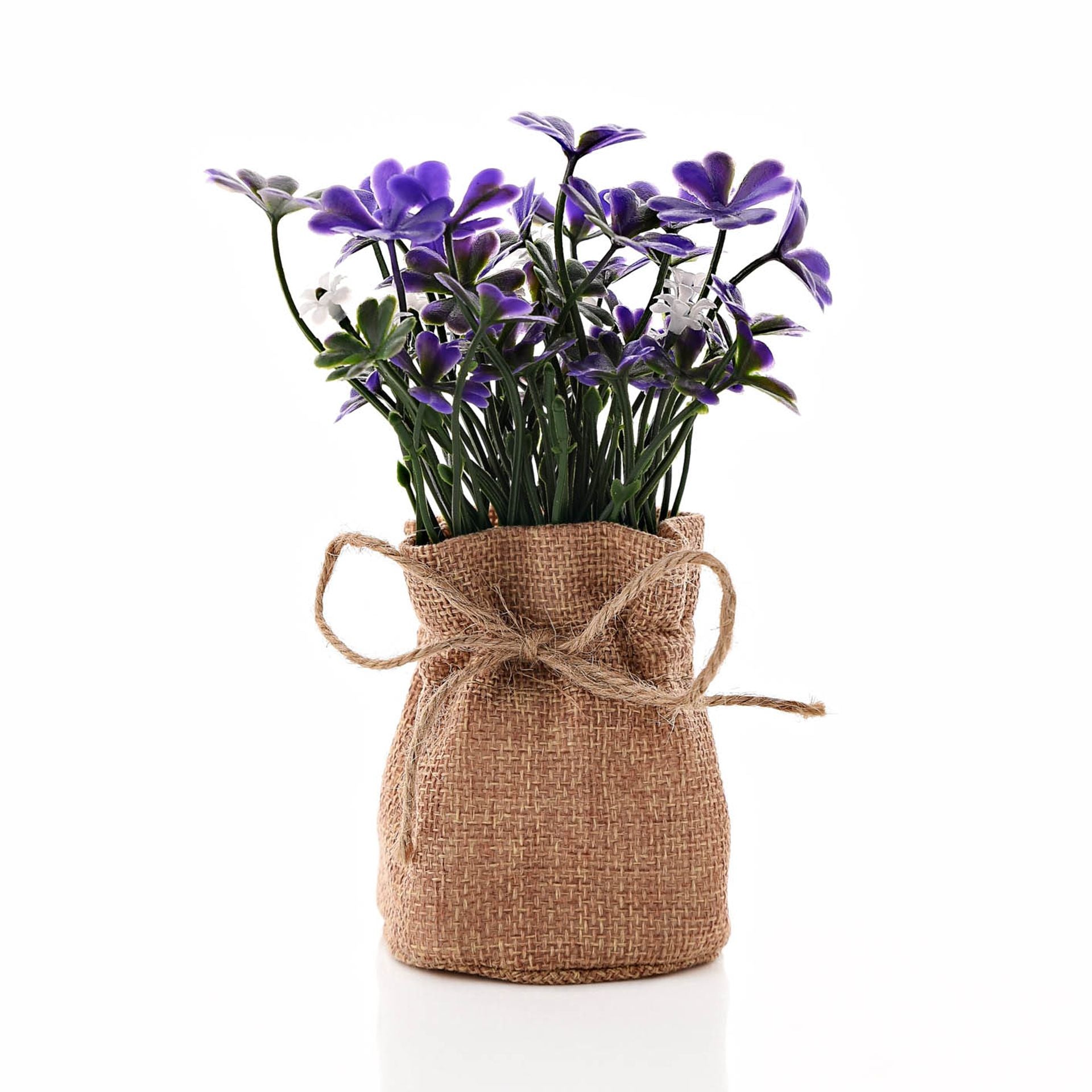 Purple Flower Faux Plant in Hessian Sack 15cm