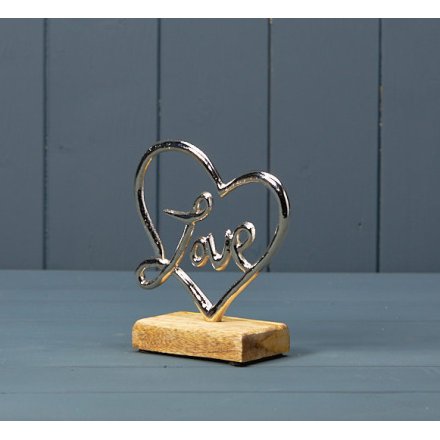 Silver Heart with Love on Wooden Base