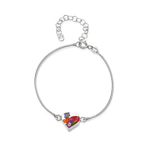 Sterling Silver Snake Bracelet - Heart Charm - Mixed Flowers