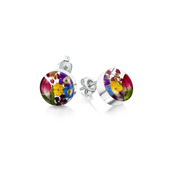 Sterling Silver Stud Earrings - Mixed Flowers - Round